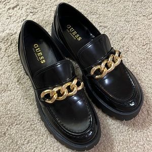 Guess Black Gold Chain Chunky Sole Loafers, 7.5